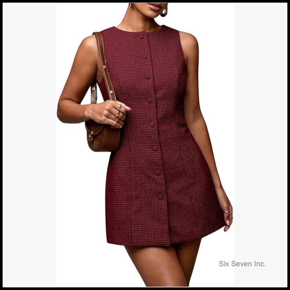 Polyester Blend Plaid Button Down Dress Sleeveles… - image 1